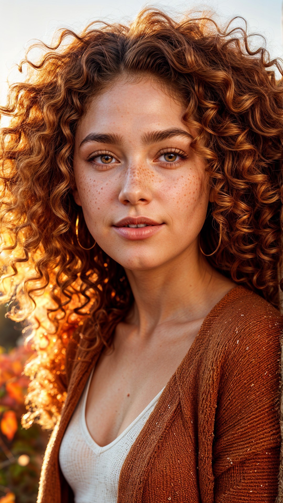 Young woman with curly hair in sunset backdrop
