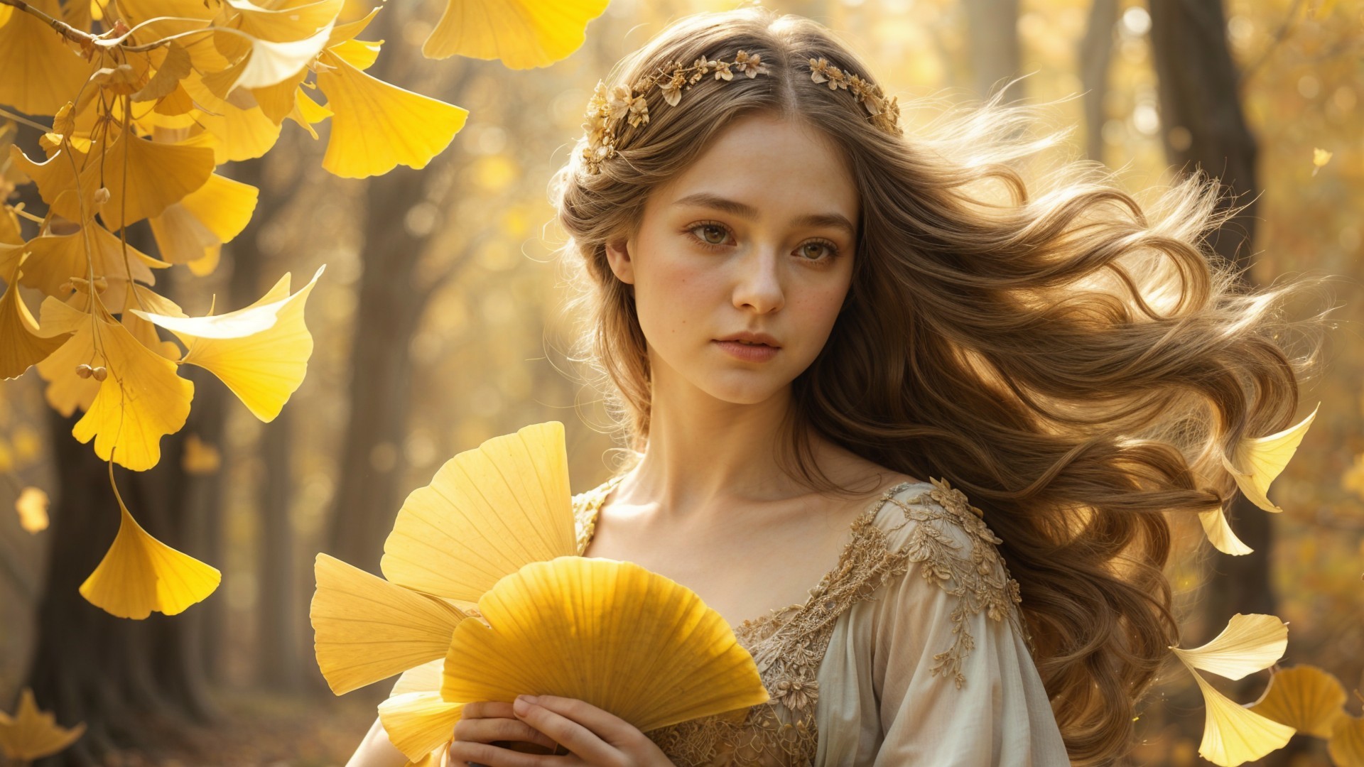 Young Woman in Golden Dress Amid Ginkgo Leaves