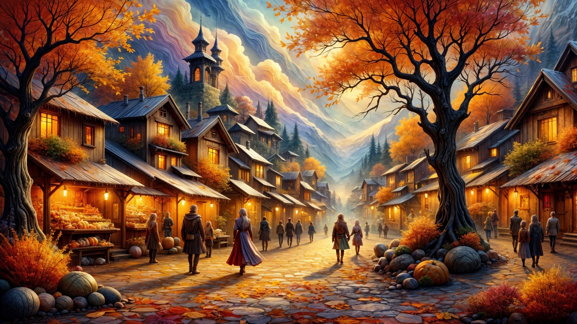 Autumn Village Scene with Foliage and Wooden Houses