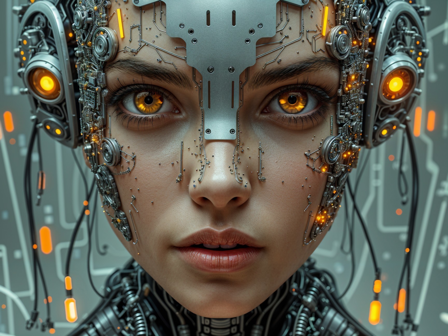 Futuristic Humanoid Robot with Metallic Face and Circuitry