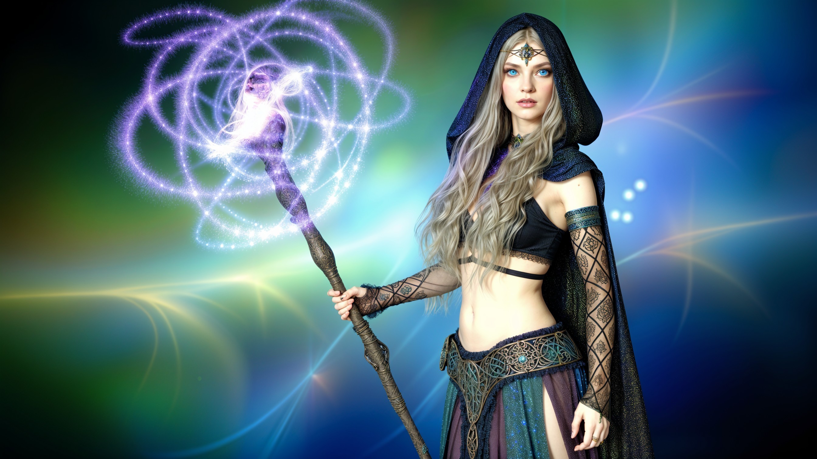 Mystical figure in dark robe with magical staff and aura