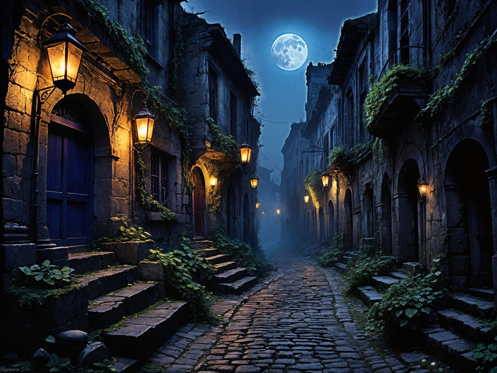 Mysterious cobblestone street in an ancient village
