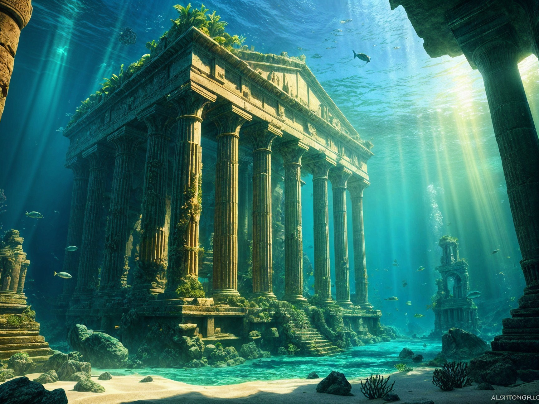 Submerged Ancient Temple with Marine Life and Greenery