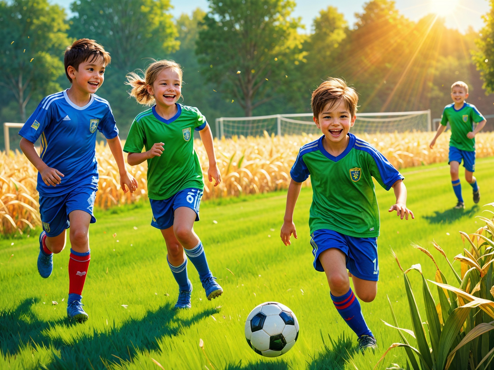 Children Playing Soccer in a Sunny Green Field