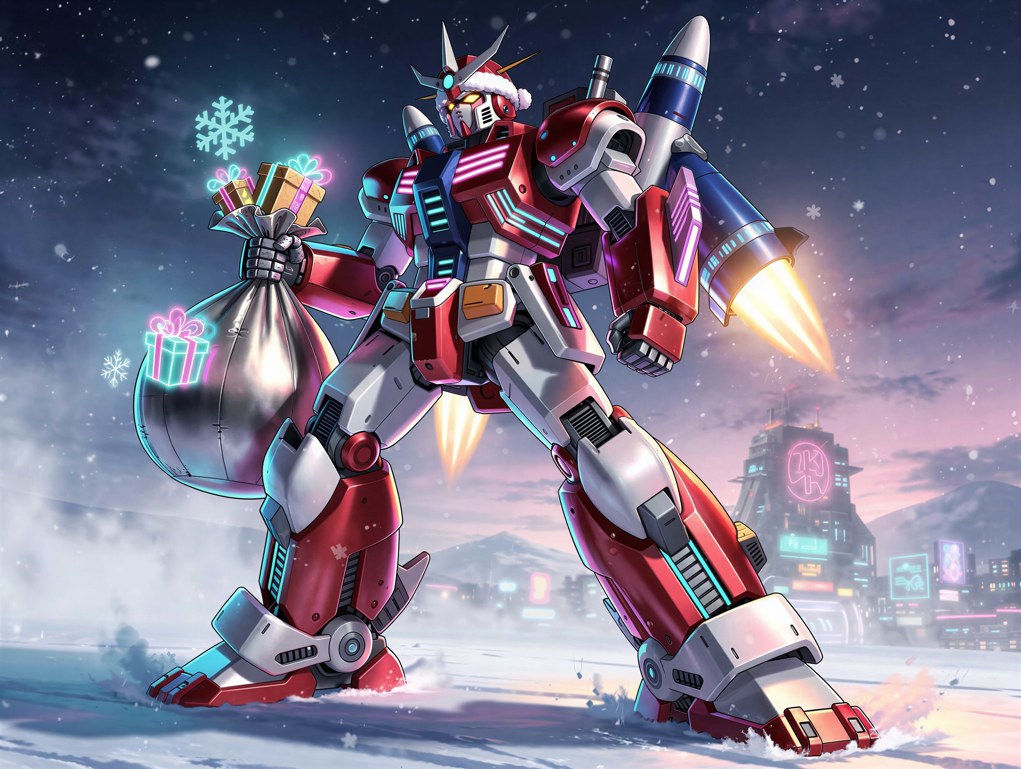 Festive Robot in Futuristic City with Christmas Gifts