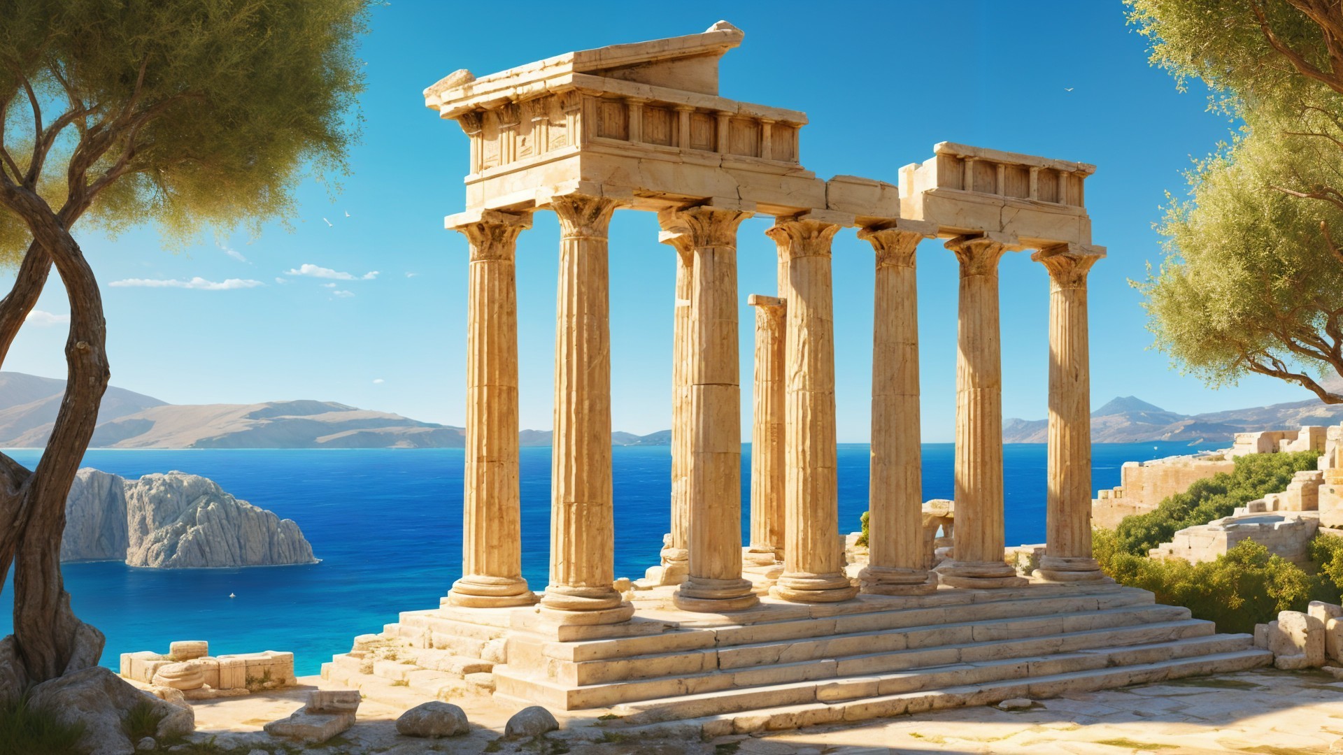 Ancient Greek Temple Ruins by Blue Waters and Hills