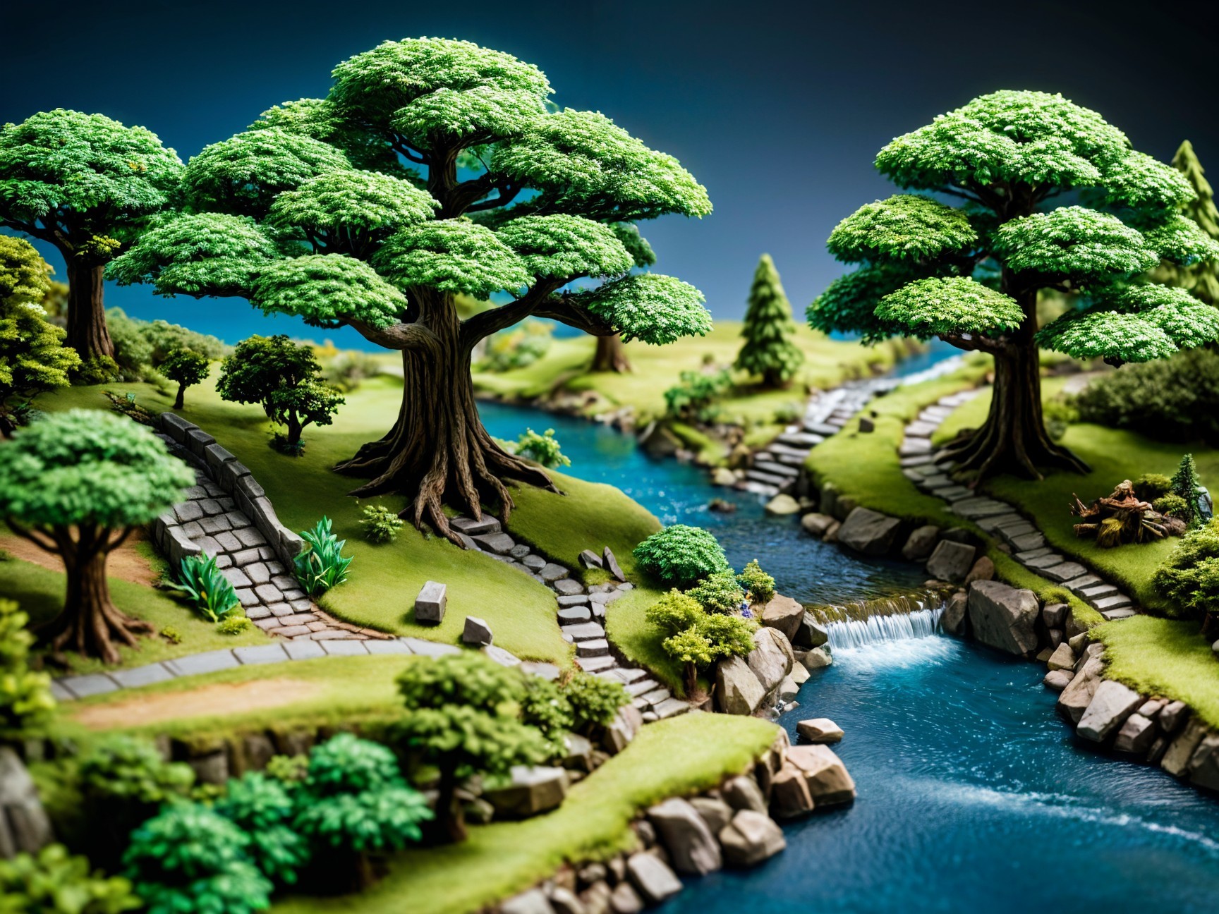 Miniature Landscape with Lush Trees and Streams