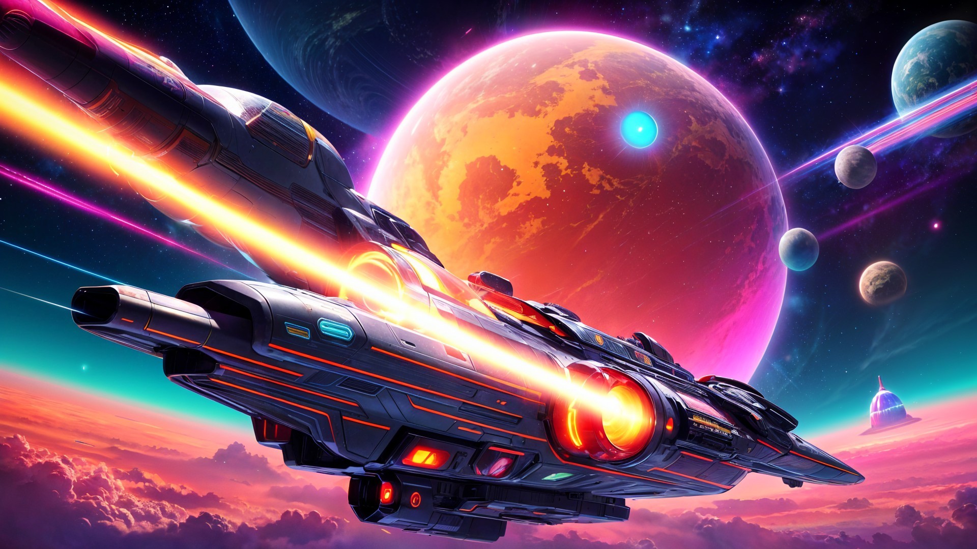 Futuristic Spaceship in Vibrant Cosmic Landscape