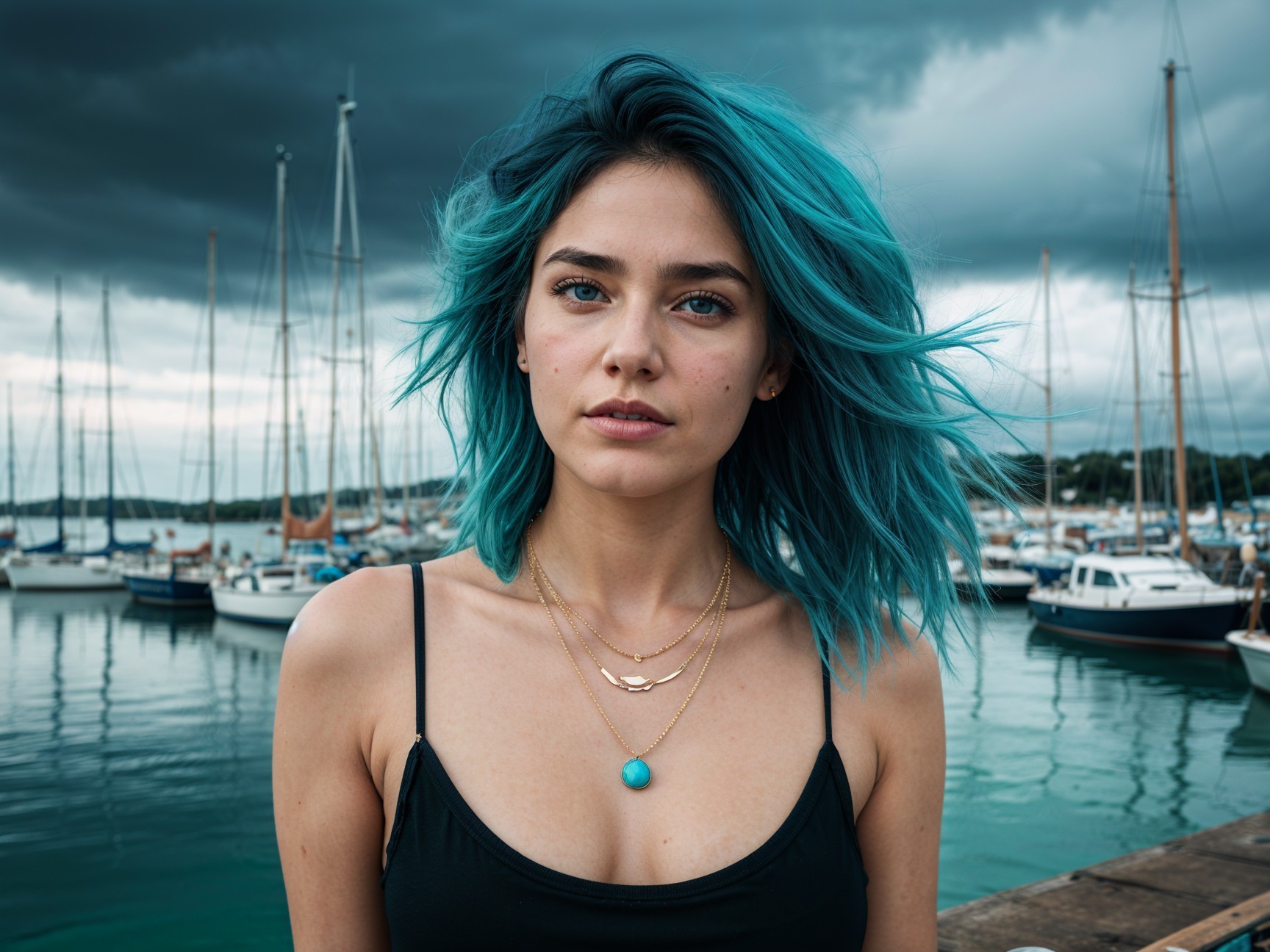 Young woman with turquoise hair at a marina