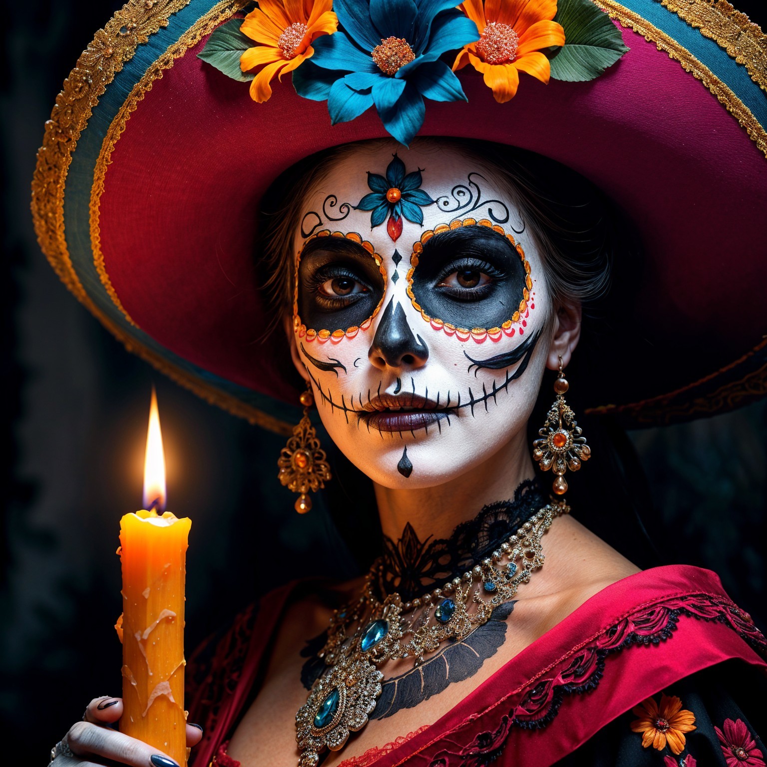 Woman with Day of the Dead Makeup and Candle