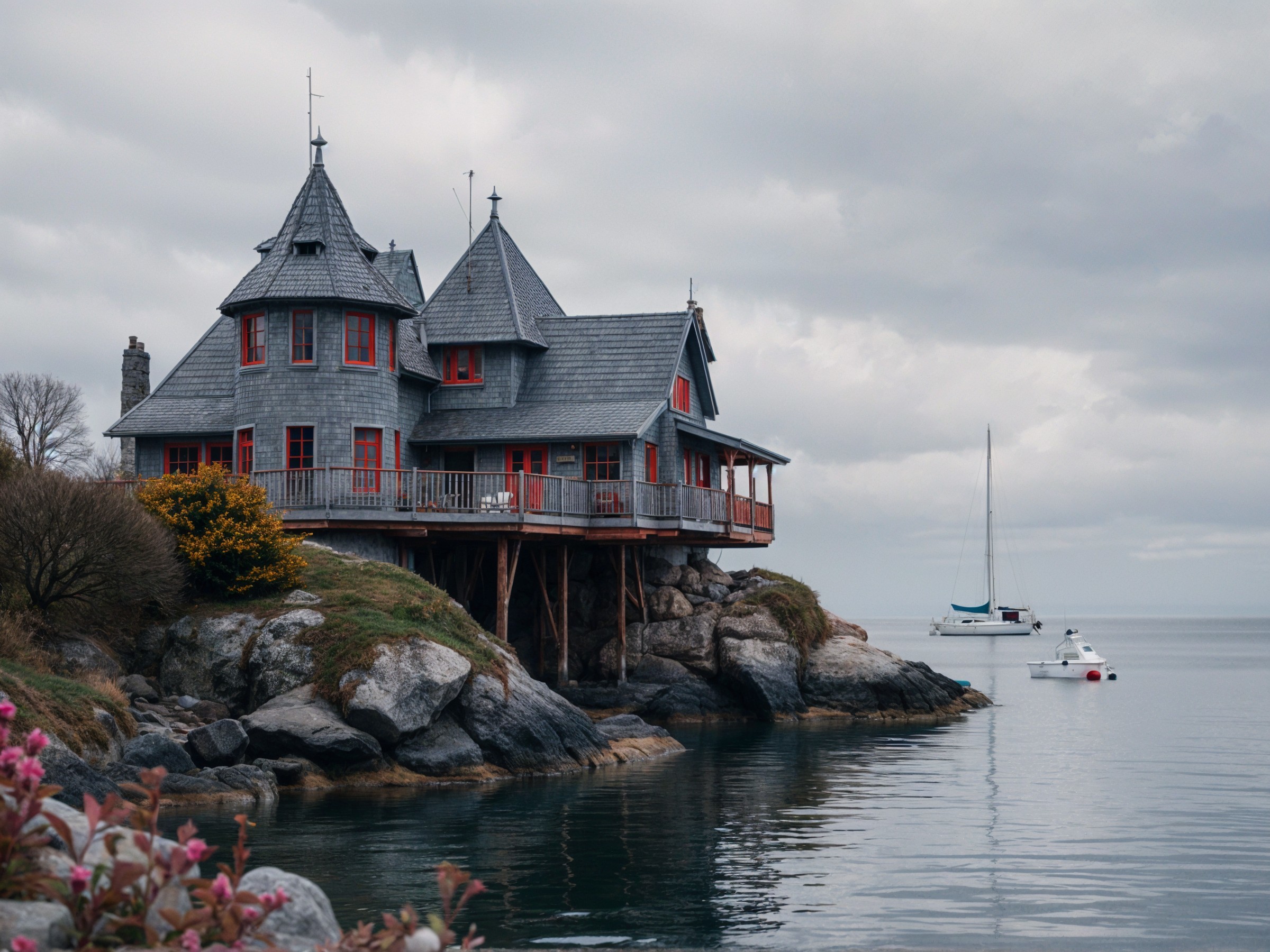 Multi-Tiered Wooden House by Serene Water Body