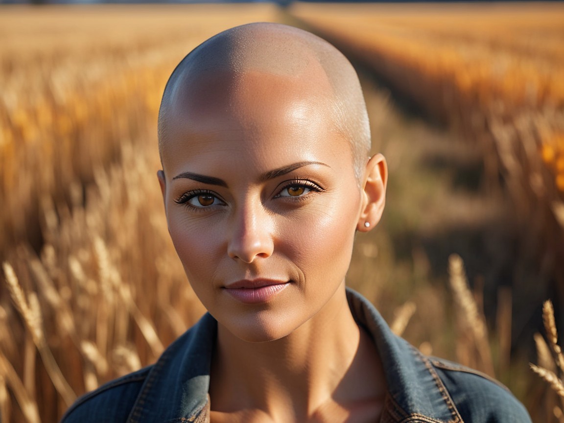 Confident Woman in Wheat Field with Shaved Head