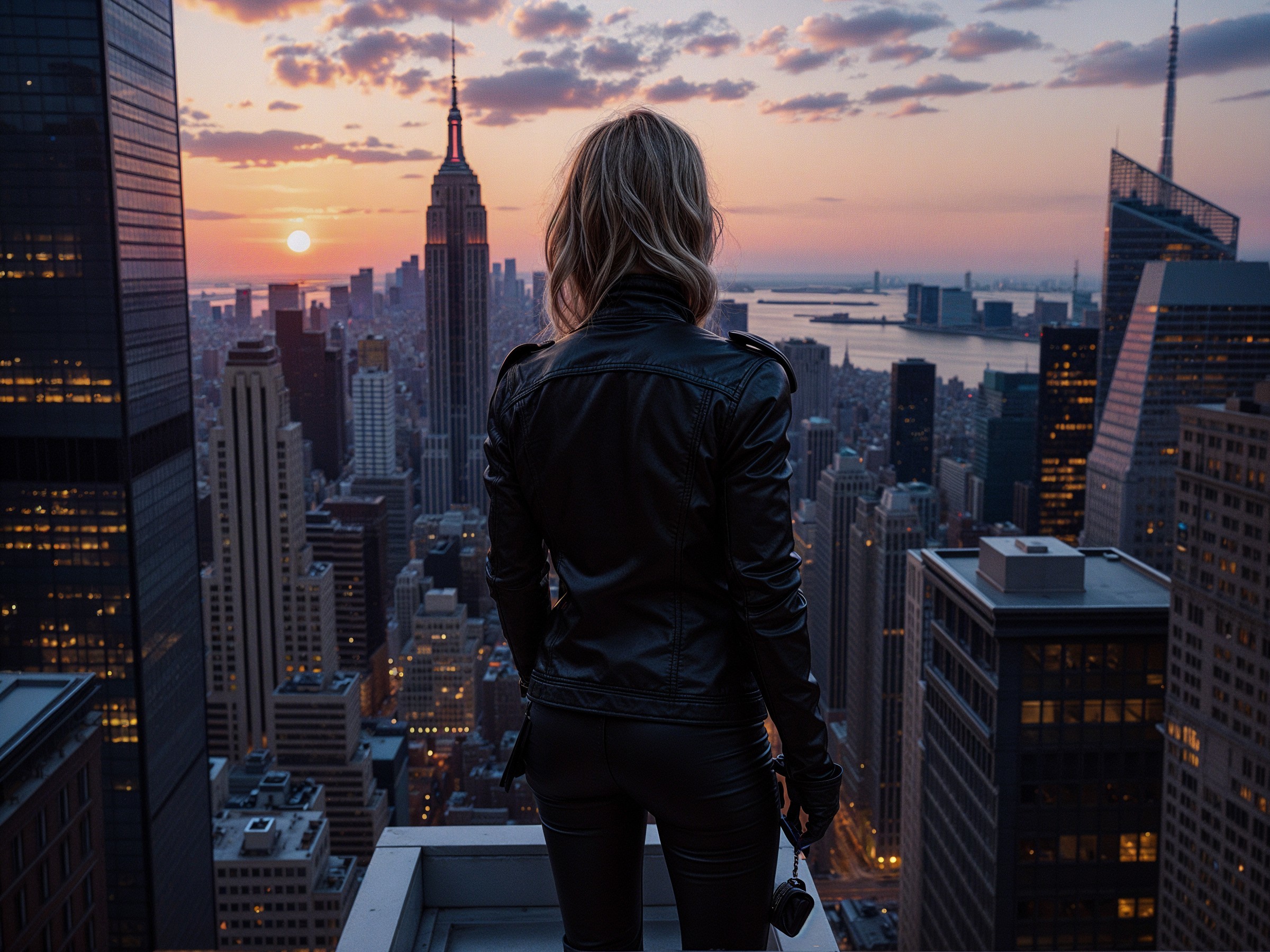 Rooftop View of Sunset Over City with Skyscrapers