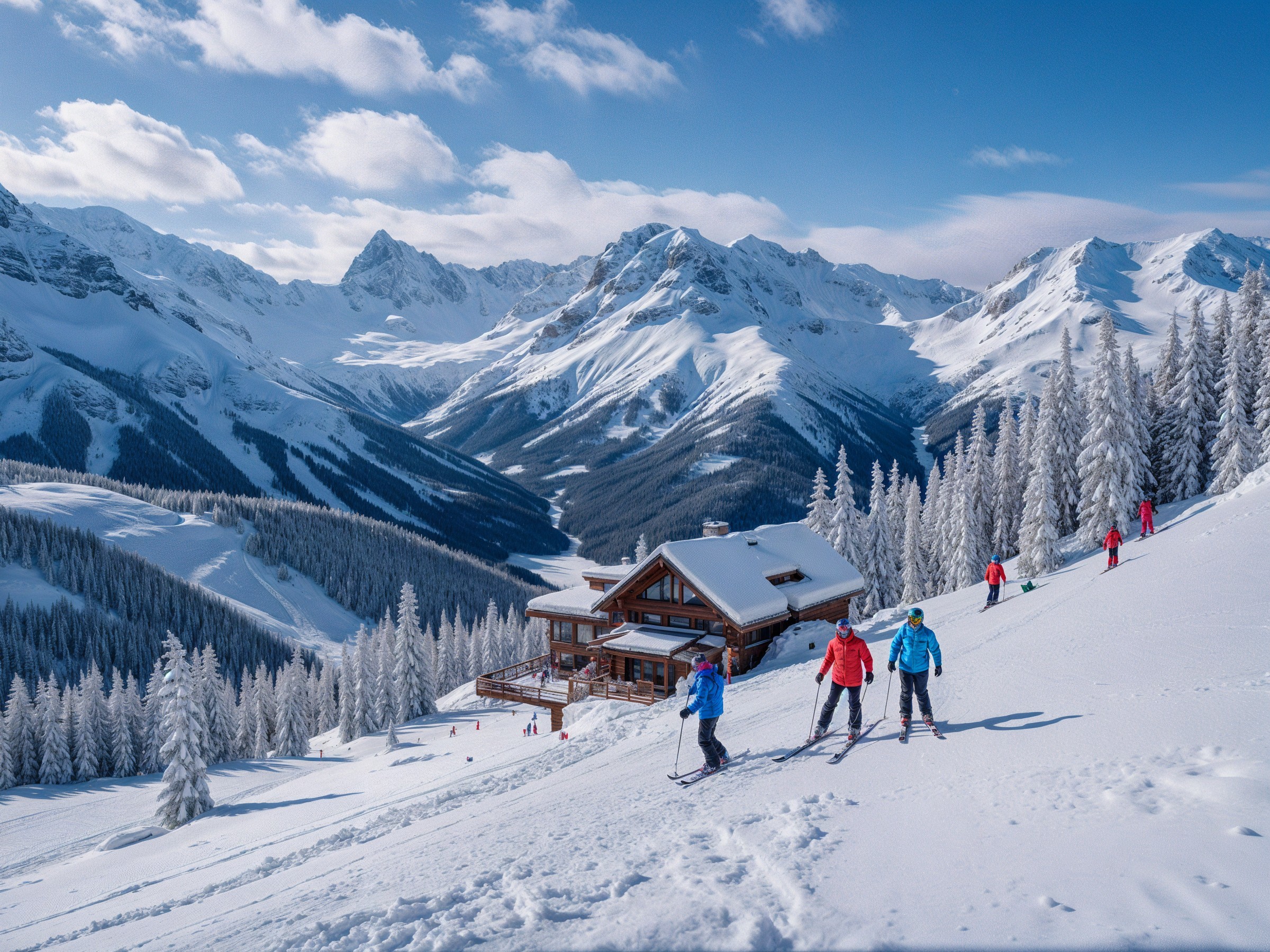 Skiers on a Snowy Slope in Alpine Landscape