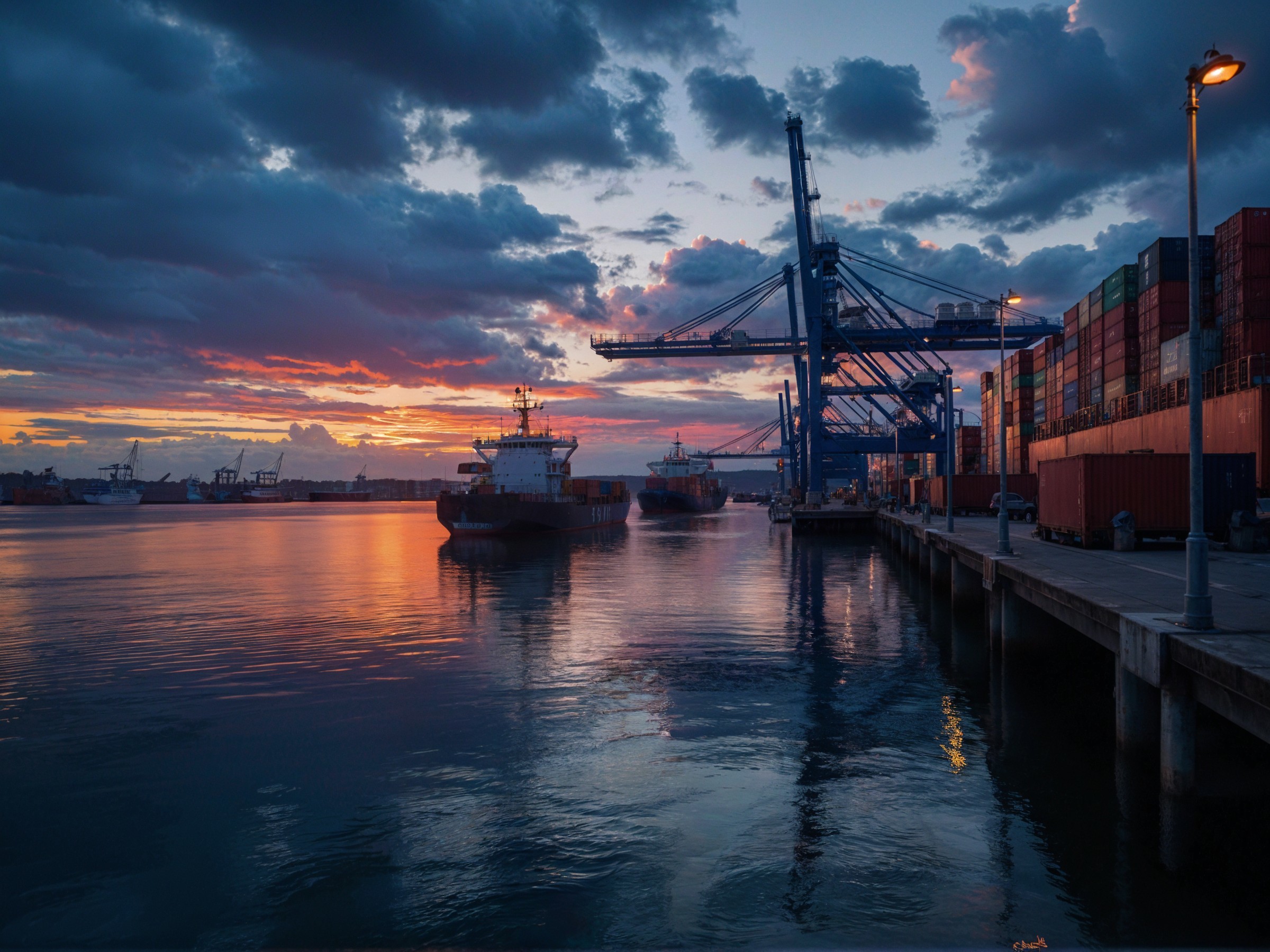 Vibrant Sunset Over a Busy Port with Cranes and Vessels