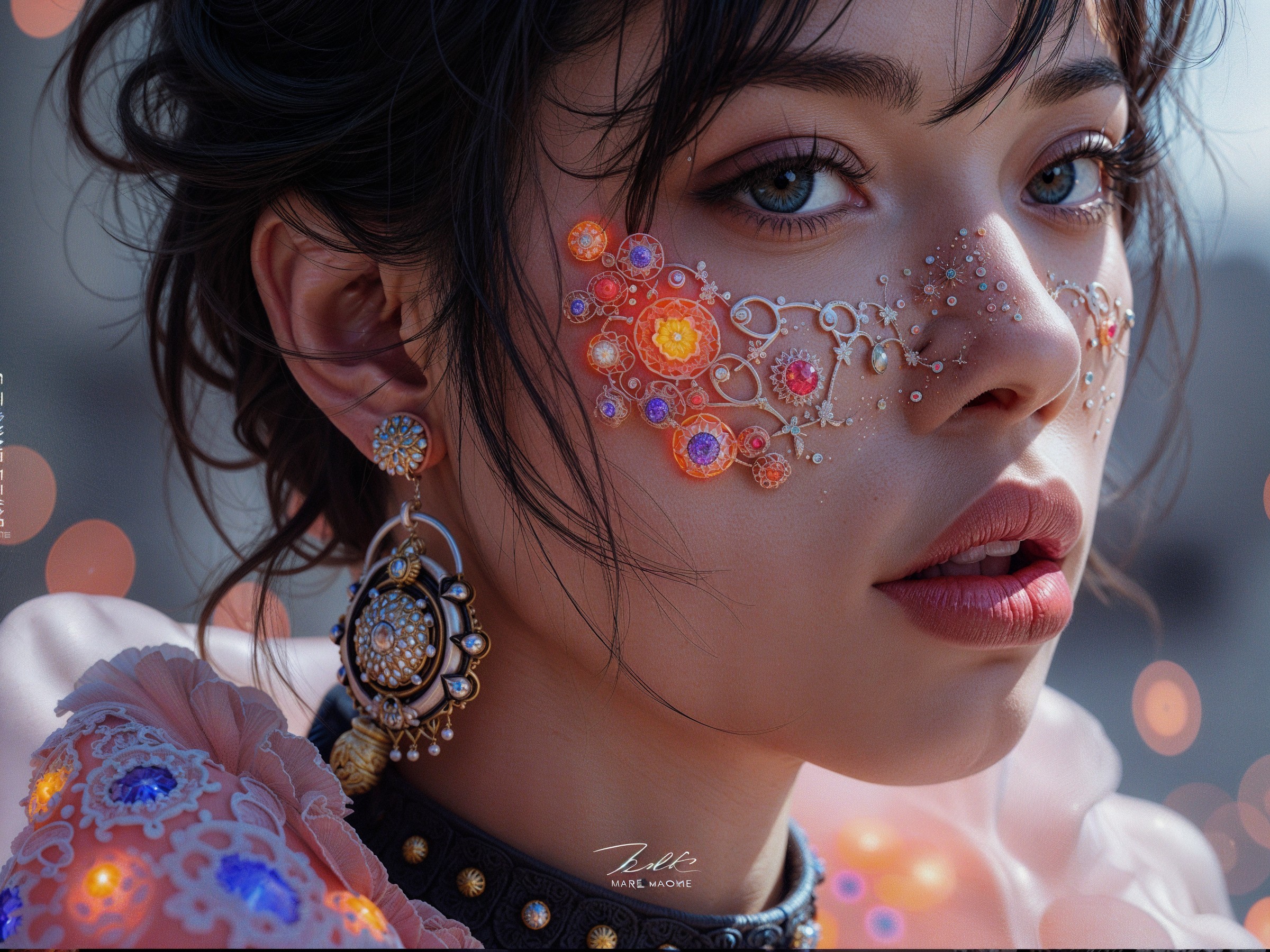 Close-up Portrait of a Young Woman with Floral Adornment