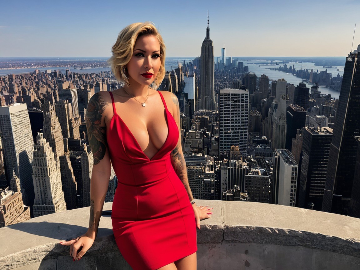 Woman in Red Dress with NYC Skyline Background
