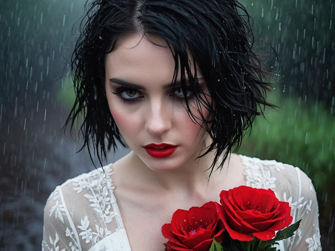 Woman in pale dress with roses in gentle rain