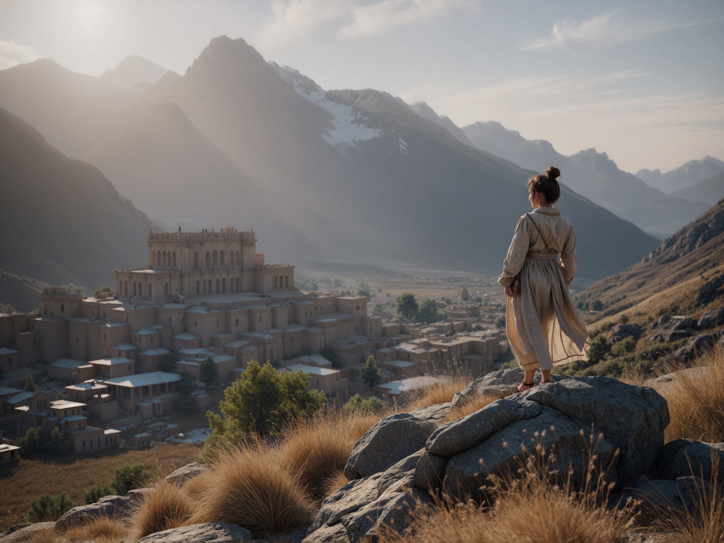 Figure Overlooking Ancient City in Mountain Valley