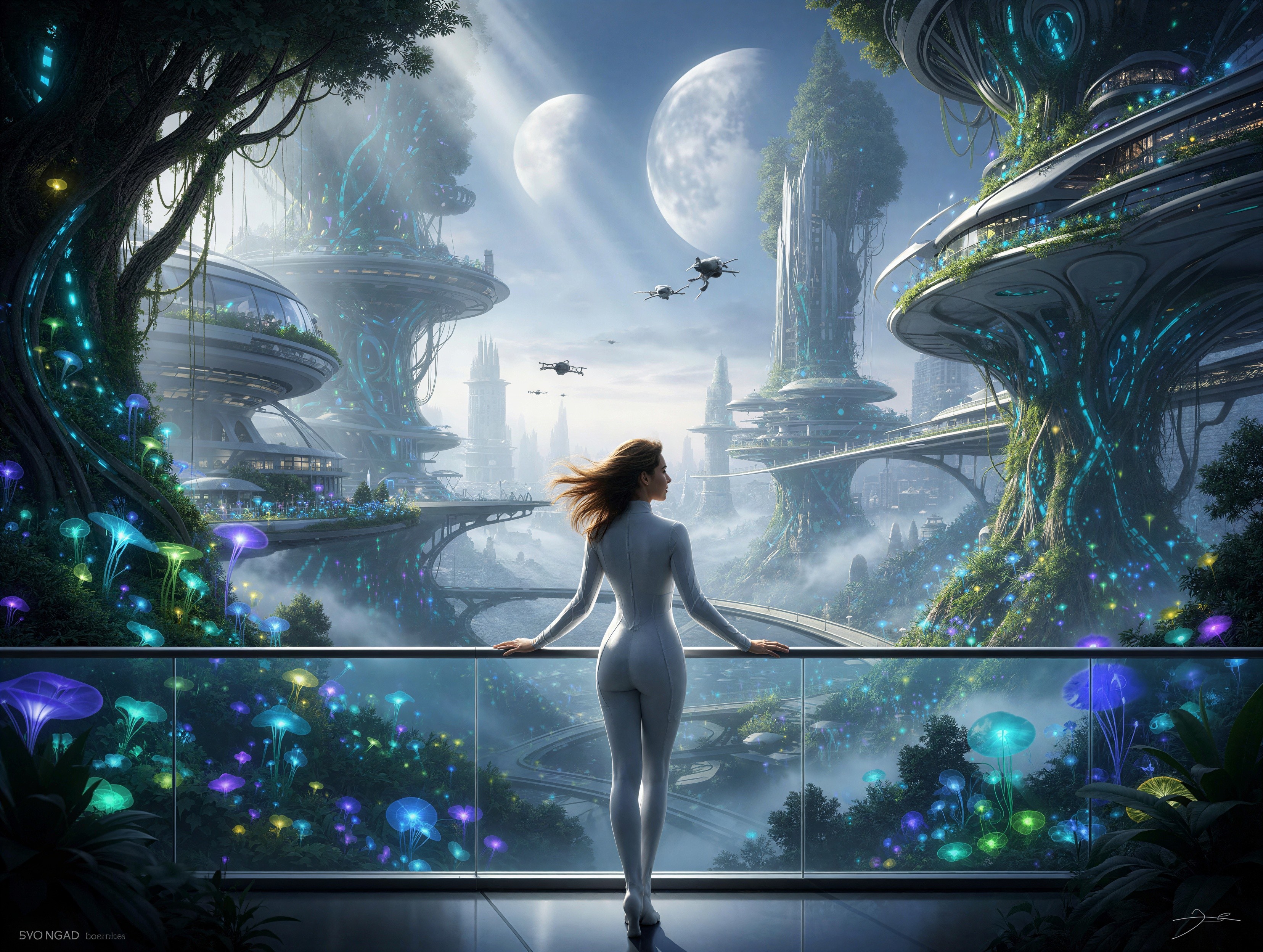 Futuristic Cityscape with Bioluminescent Flora