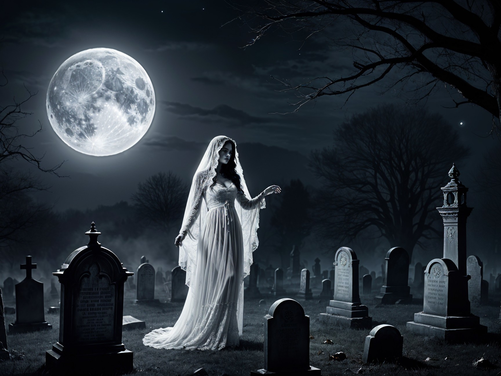 Ghostly Figure in Dim Graveyard Under Full Moon