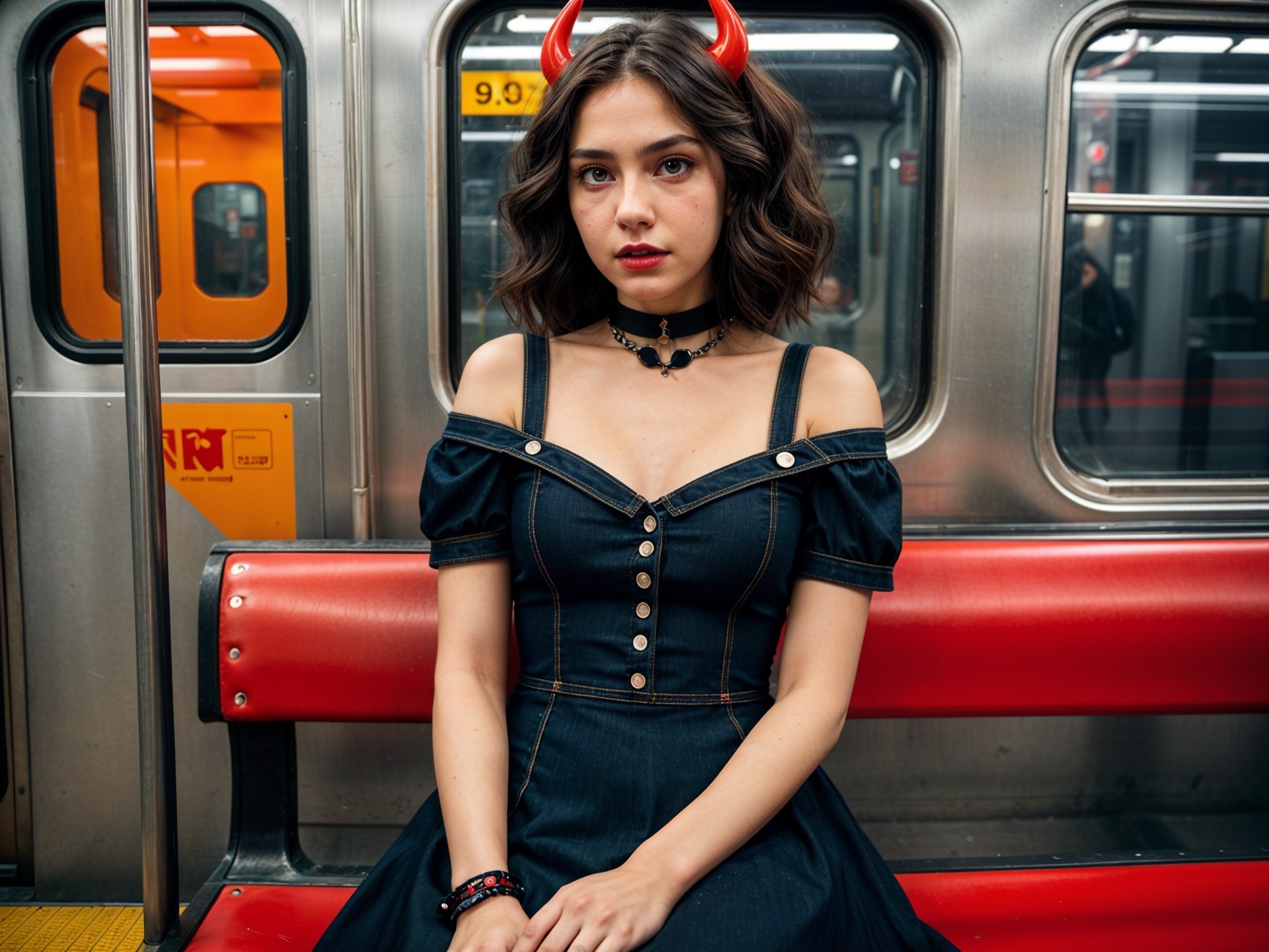 Young Woman in Denim Dress on Subway Train