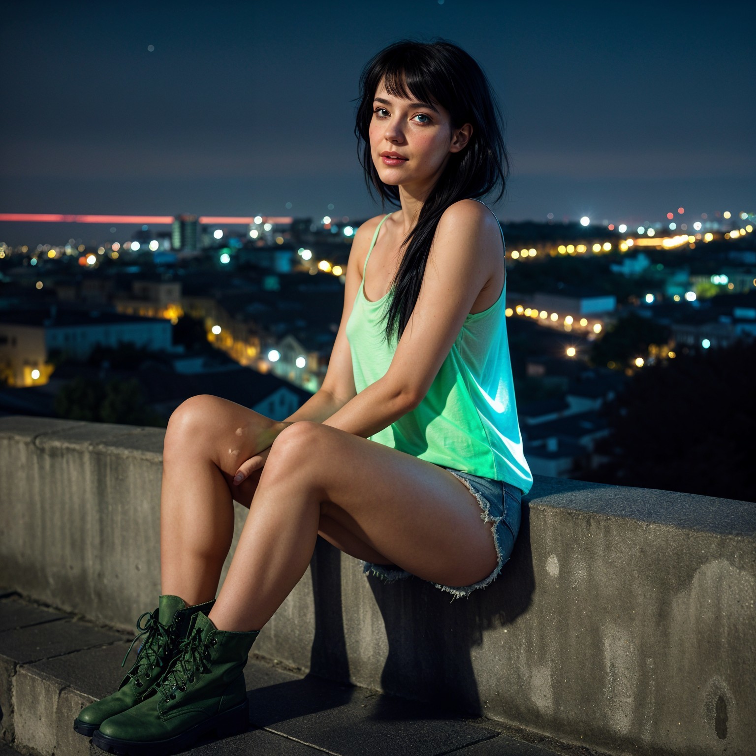 Young Woman Contemplates City Skyline at Night