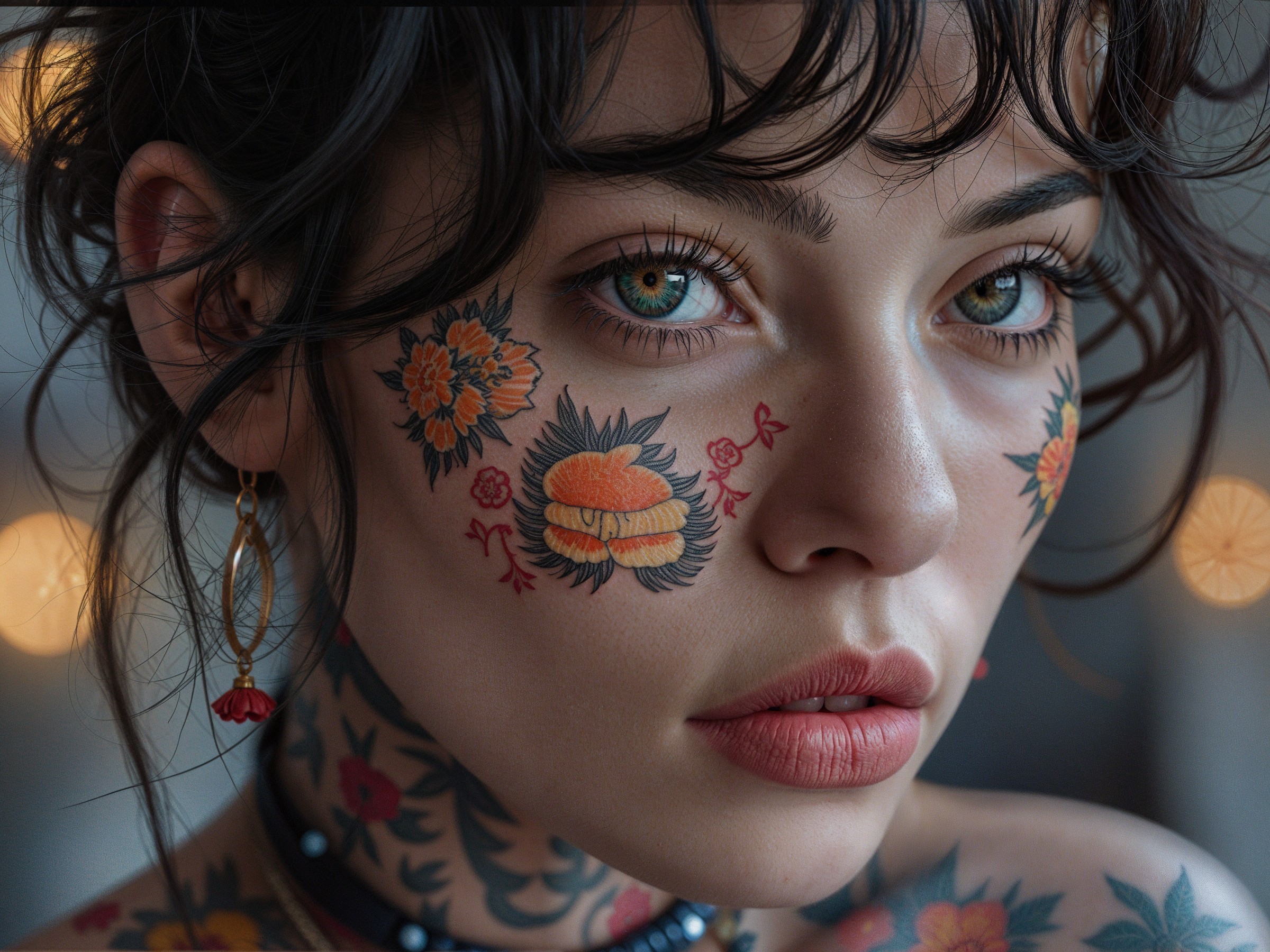 Portrait of a woman with tattoos and striking features