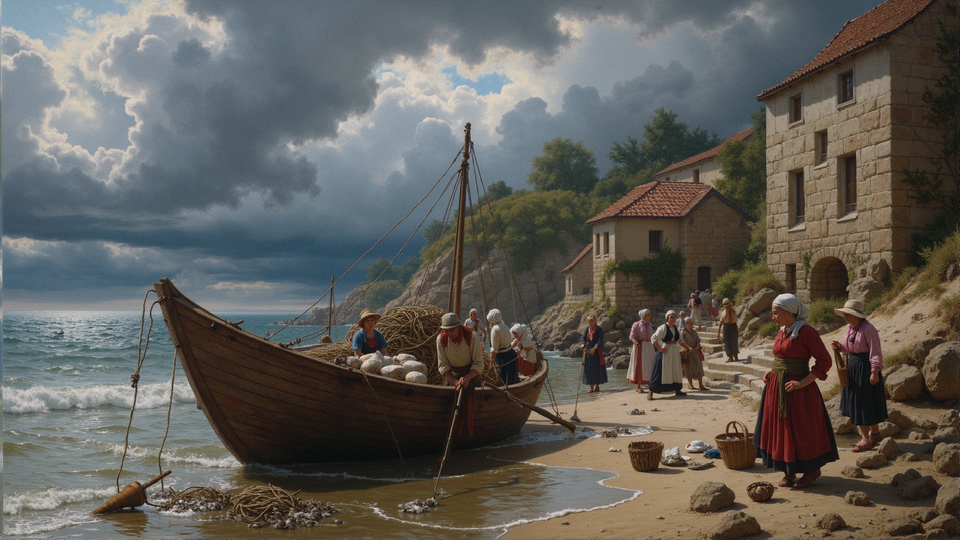 Coastal Scene of Fishermen and Villagers by Shore