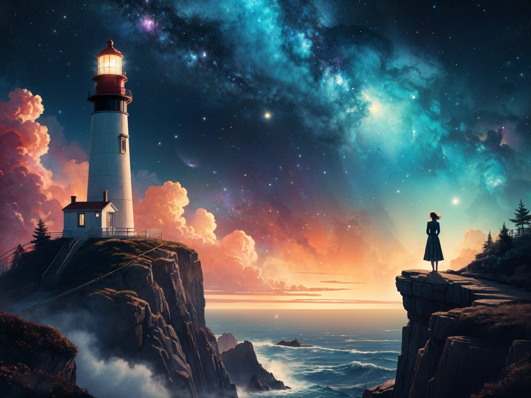 Lighthouse at Sunset with Starry Sky and Figure