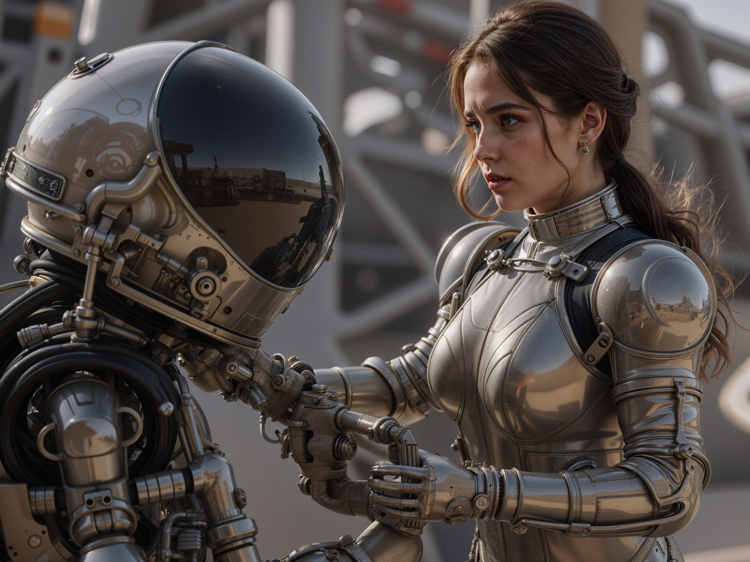 Futuristic Woman in Metallic Suit with Small Robot