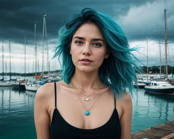 Young woman with turquoise hair at a marina