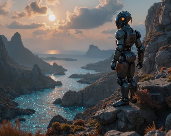 Futuristic Robot Overlooking Ocean at Sunset