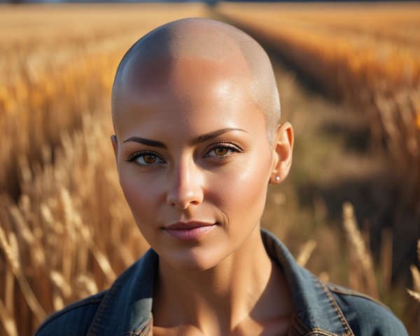 Confident Woman in Wheat Field with Shaved Head