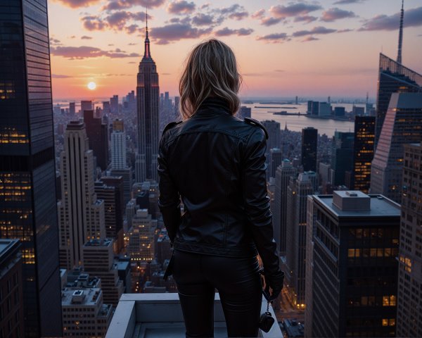 Rooftop View of Sunset Over City with Skyscrapers