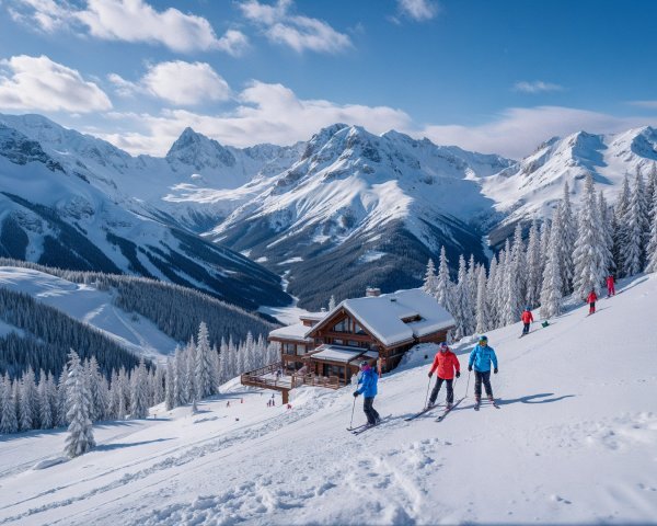 Skiers on a Snowy Slope in Alpine Landscape