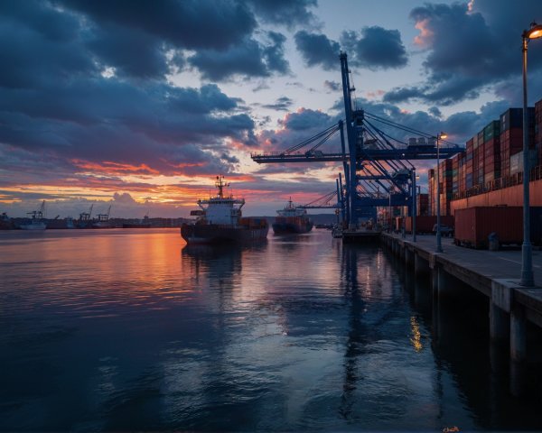 Vibrant Sunset Over a Busy Port with Cranes and Vessels