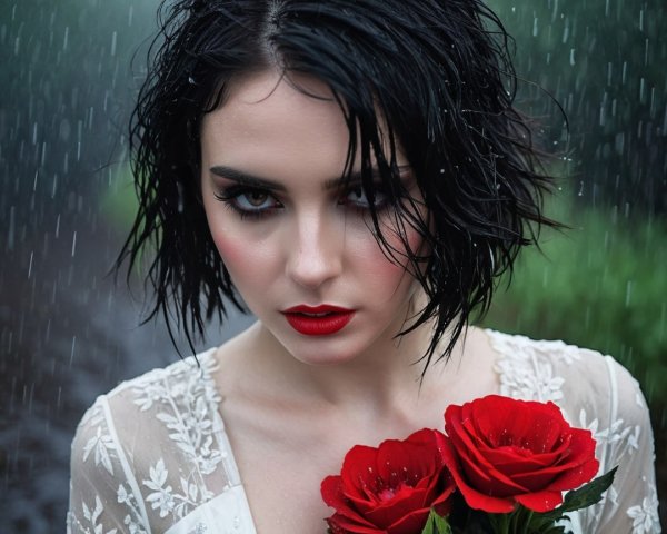 Woman in pale dress with roses in gentle rain