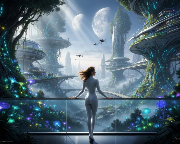 Futuristic Cityscape with Bioluminescent Flora