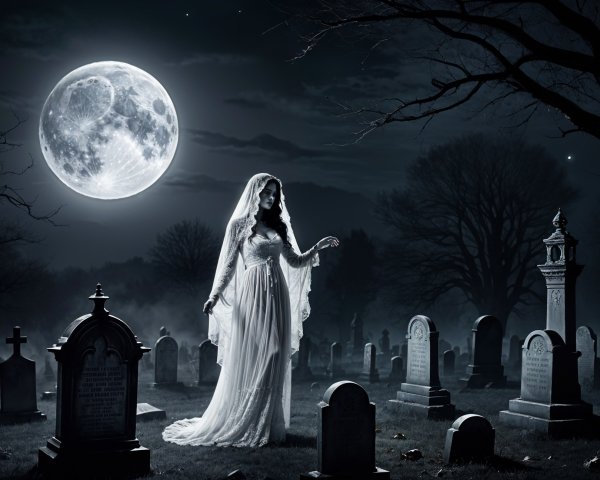 Ghostly Figure in Dim Graveyard Under Full Moon