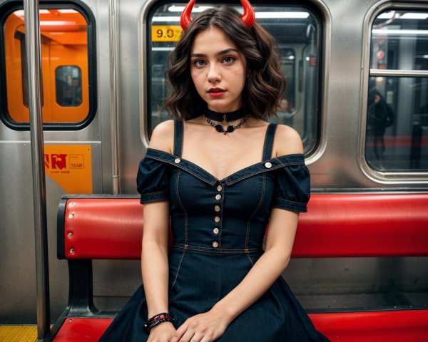 Young Woman in Denim Dress on Subway Train