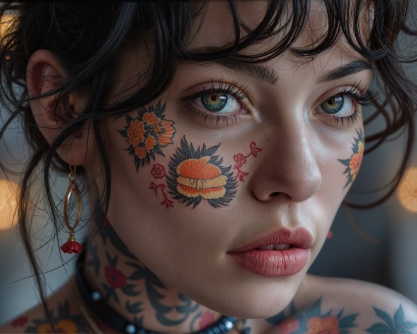 Portrait of a woman with tattoos and striking features