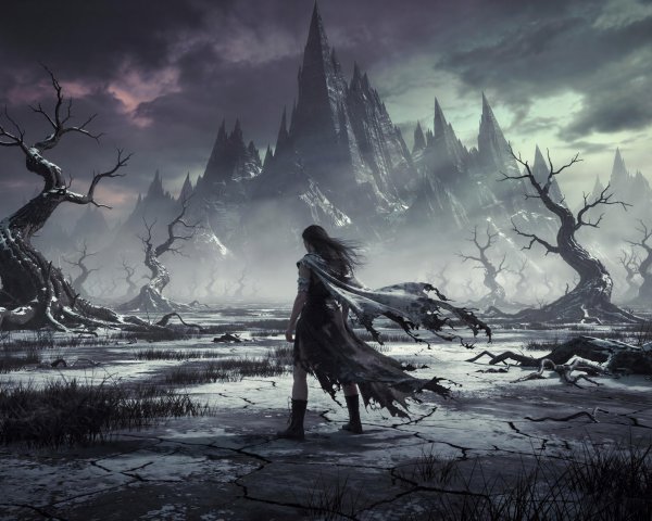 Desolate Icy Landscape with Woman in Ragged Cloak