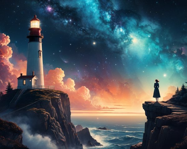 Lighthouse at Sunset with Starry Sky and Figure