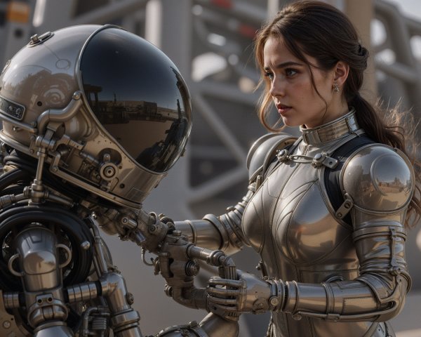 Futuristic Woman in Metallic Suit with Small Robot