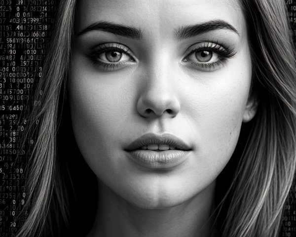 Black-and-white portrait of a young woman with binary code
