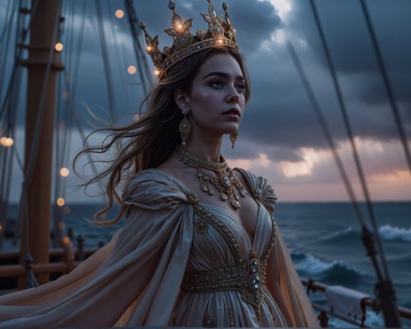 Regal figure on ship deck with dramatic ocean backdrop