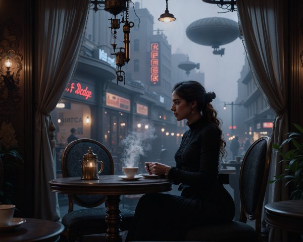 Vintage Café Scene with Woman in Black Dress