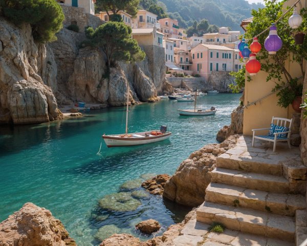 Serene Coastal Scene with Turquoise Inlet and Cliffs
