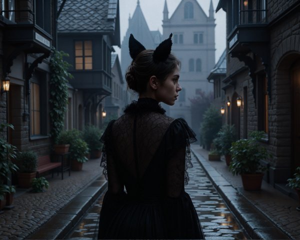 Mysterious Figure in Lace Dress in Foggy Alleyway